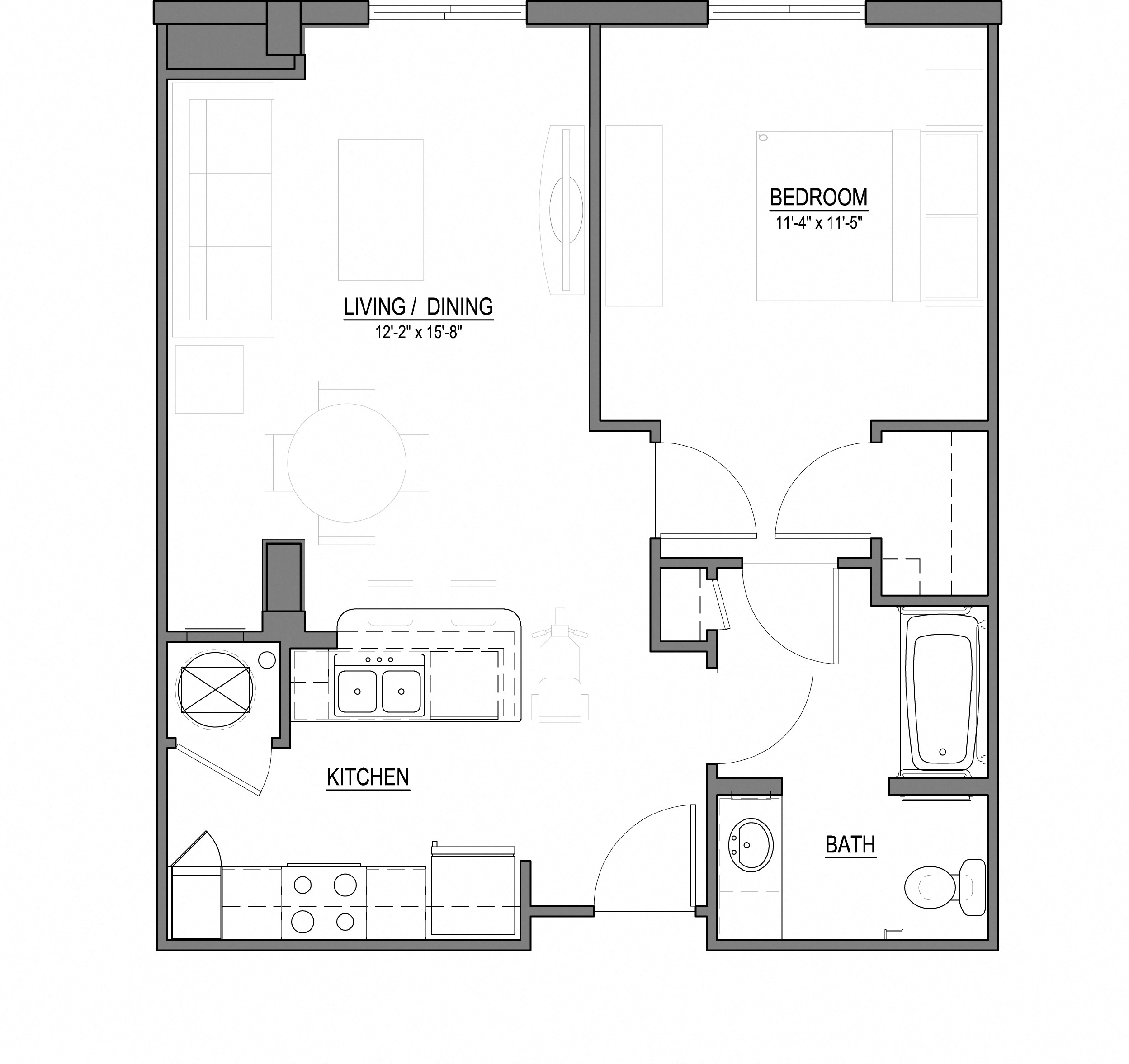 Floor plan for 1 bed, 1 bath, 695 sqft